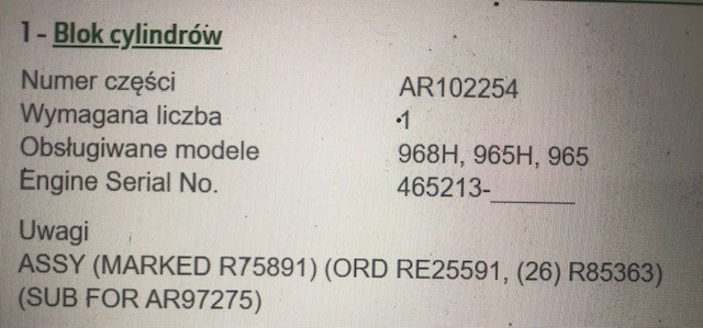 John Deere 6359D , R80725 , RE25591 - Blok Cylindrów - 6359DL007