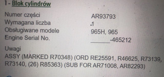 John Deere 6359D , R80725 , RE25591 - Blok Cylindrów - 6359DL007