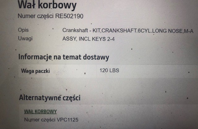 John Deere 6359D - Wał Korbowy | John Deere AT22562,RE502190 , VPC1125